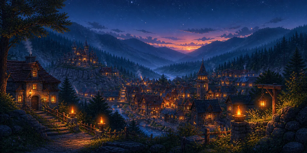 Torchlit valley town at dusk in HD-2D painterly style